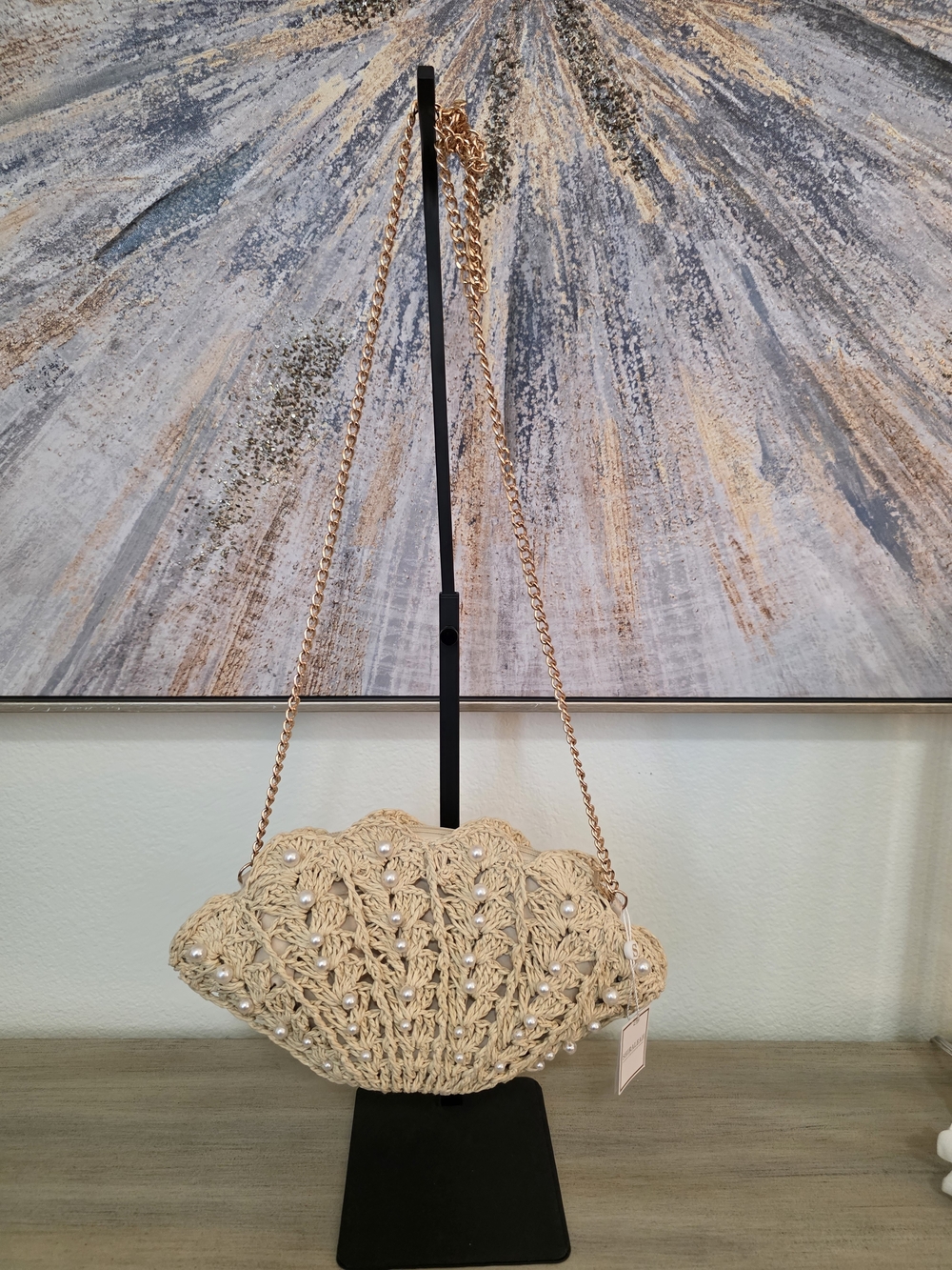 Shiraleah Beige Crochet Pearl-Embellished Shoulder Clutch
